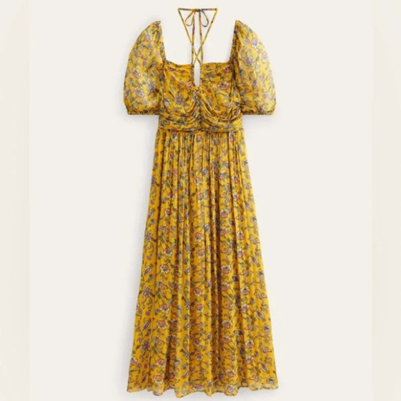 Boden size 10R Halterneck Maxi Dress Mustardseed Floral Smocked Metallic Wedding - Picture 2 of 8